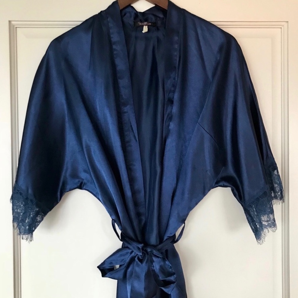 Navy blue silk and lace robe.